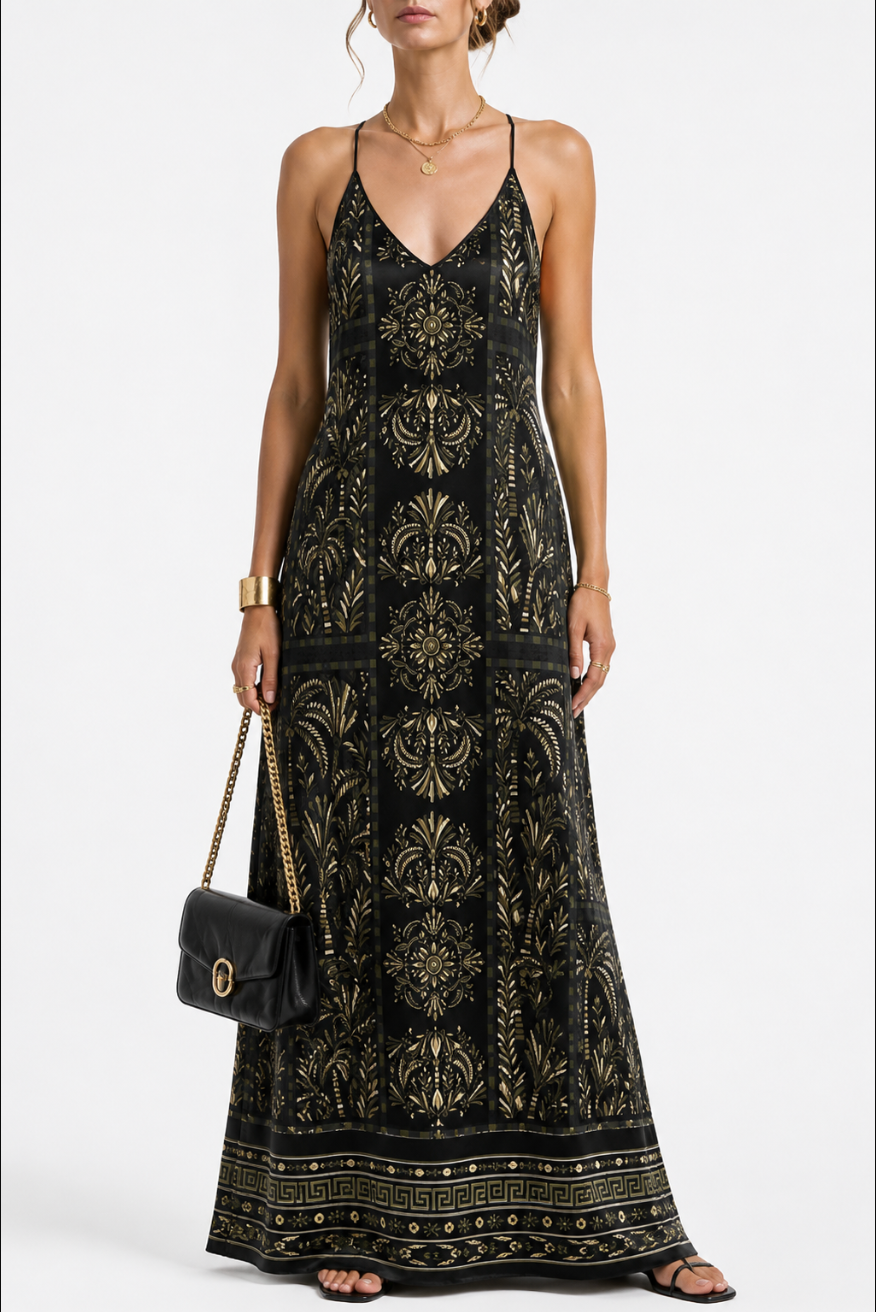 Black Green & Gold Pure Silk Satin Slip Maxi Dress