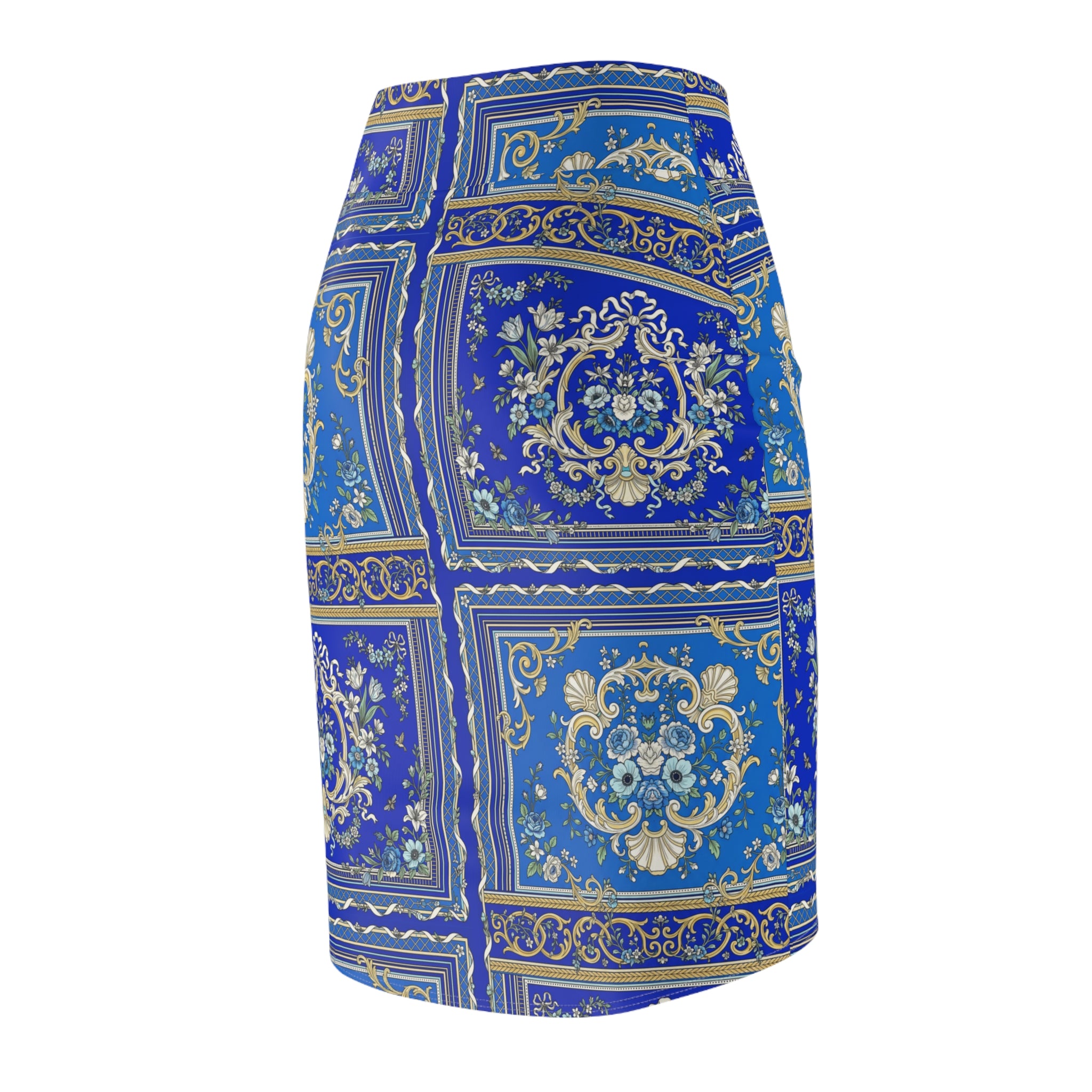 Blue Baroque Tile Pencil Skirt — Vintage Ornate Patterned Women's Skirt