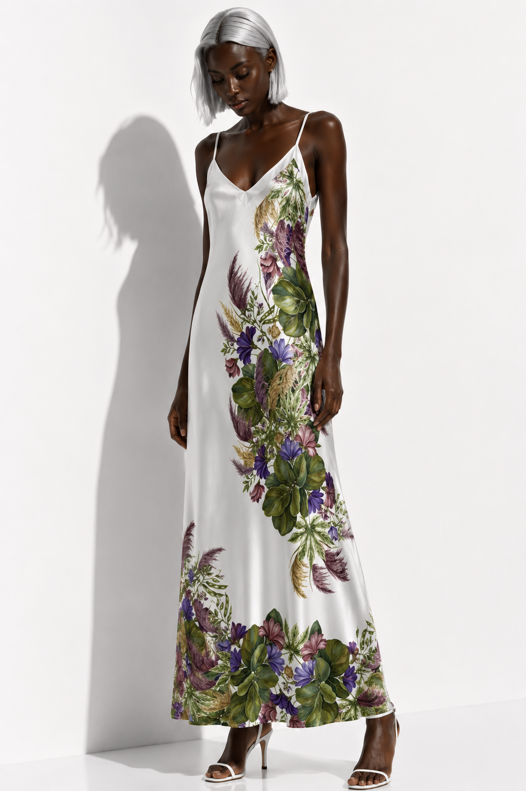 Botanical Cascade Silk Satin Slip Dress