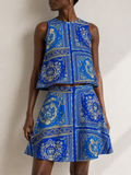 Blue Baroque Sleeveless Swing Top | Luxury Designer Printed Top | SURANU