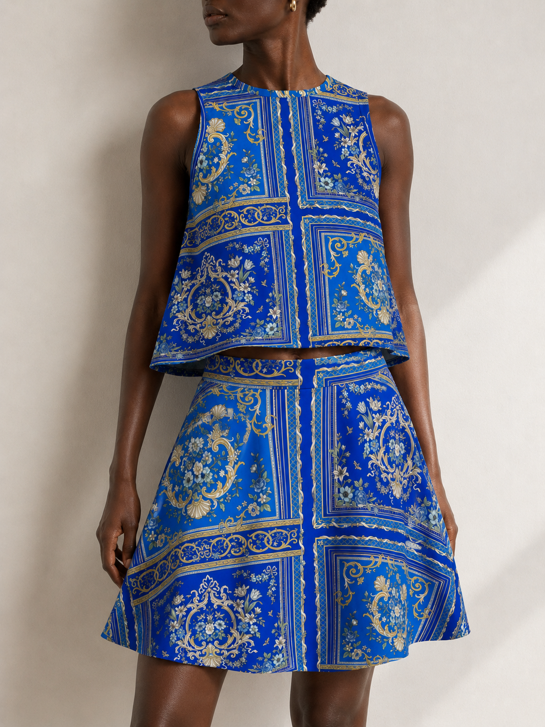 Blue Baroque Sleeveless Swing Top | Luxury Designer Printed Top | SURANU