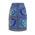 Blue Baroque Tile Pencil Skirt — Vintage Ornate Patterned Women's Skirt