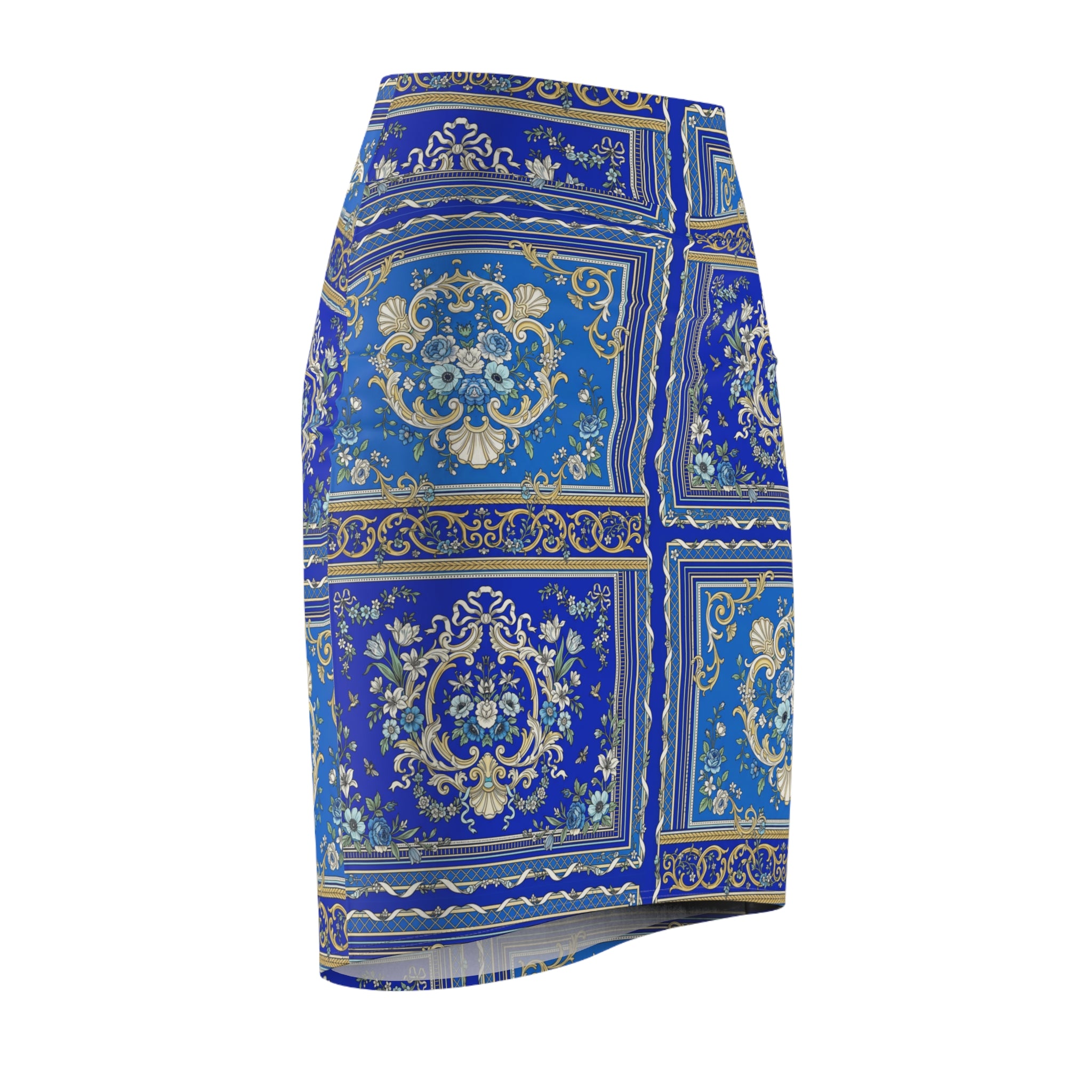 Blue Baroque Tile Pencil Skirt — Vintage Ornate Patterned Women's Skirt