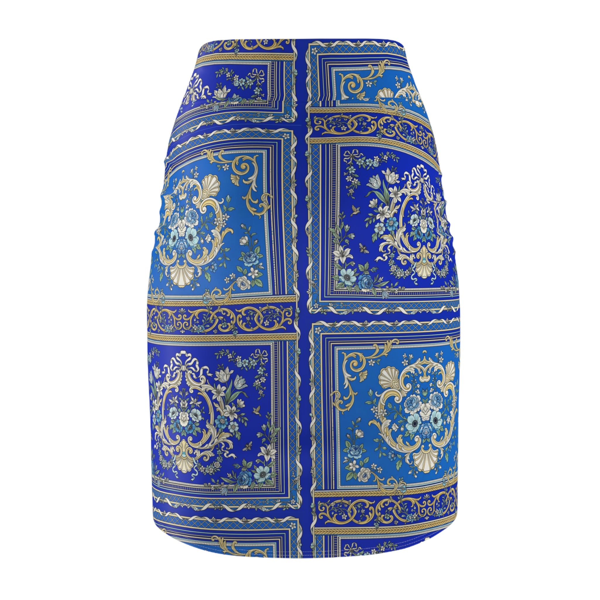 Blue Baroque Tile Pencil Skirt — Vintage Ornate Patterned Women's Skirt
