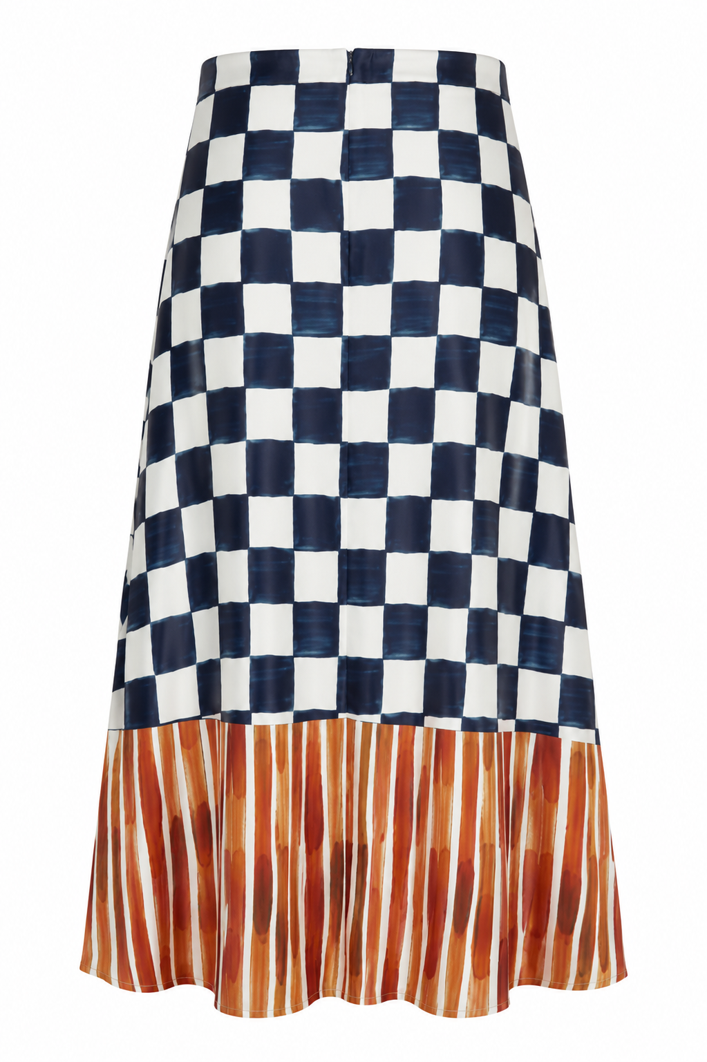 Indigo Check & Sunset Stripe Silk Midi Skirt