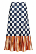 Indigo Check & Sunset Stripe Silk Midi Skirt