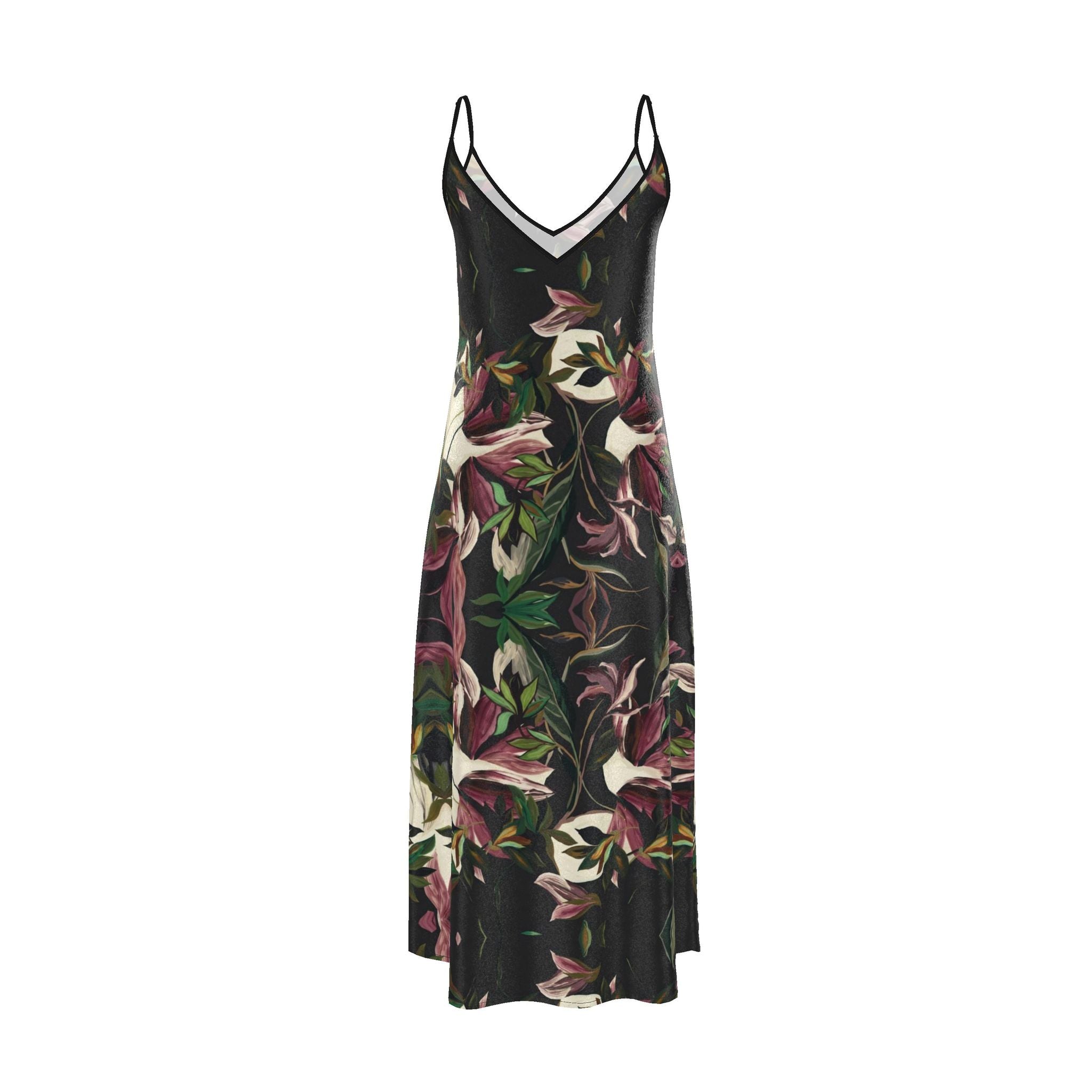 Black Floral Silk Satin Maxi Slip Dress | Luxury Resortwear