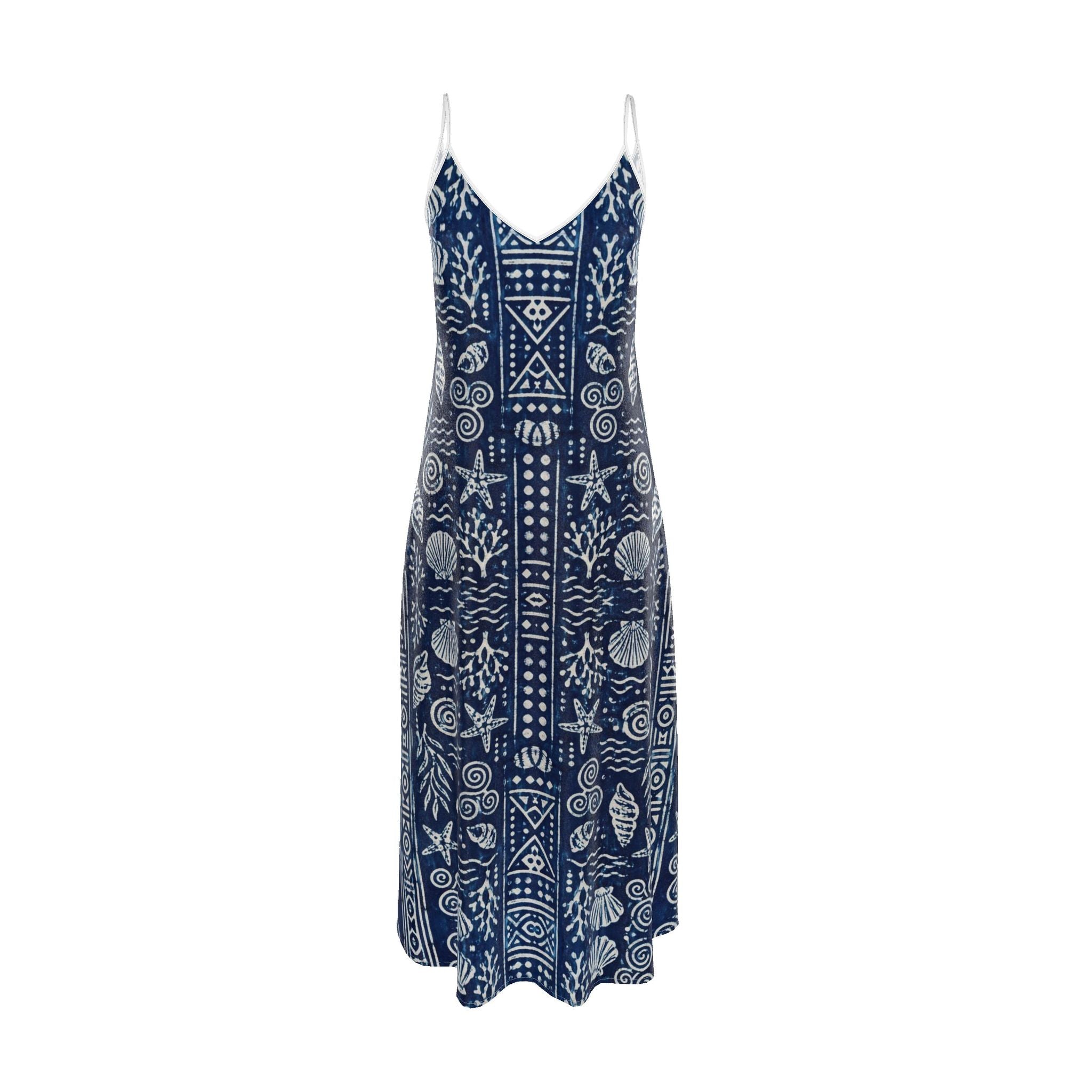 Suranu Navy Blue Pure Silk Printed Maxi Dress with V-Neck & Spaghetti Straps