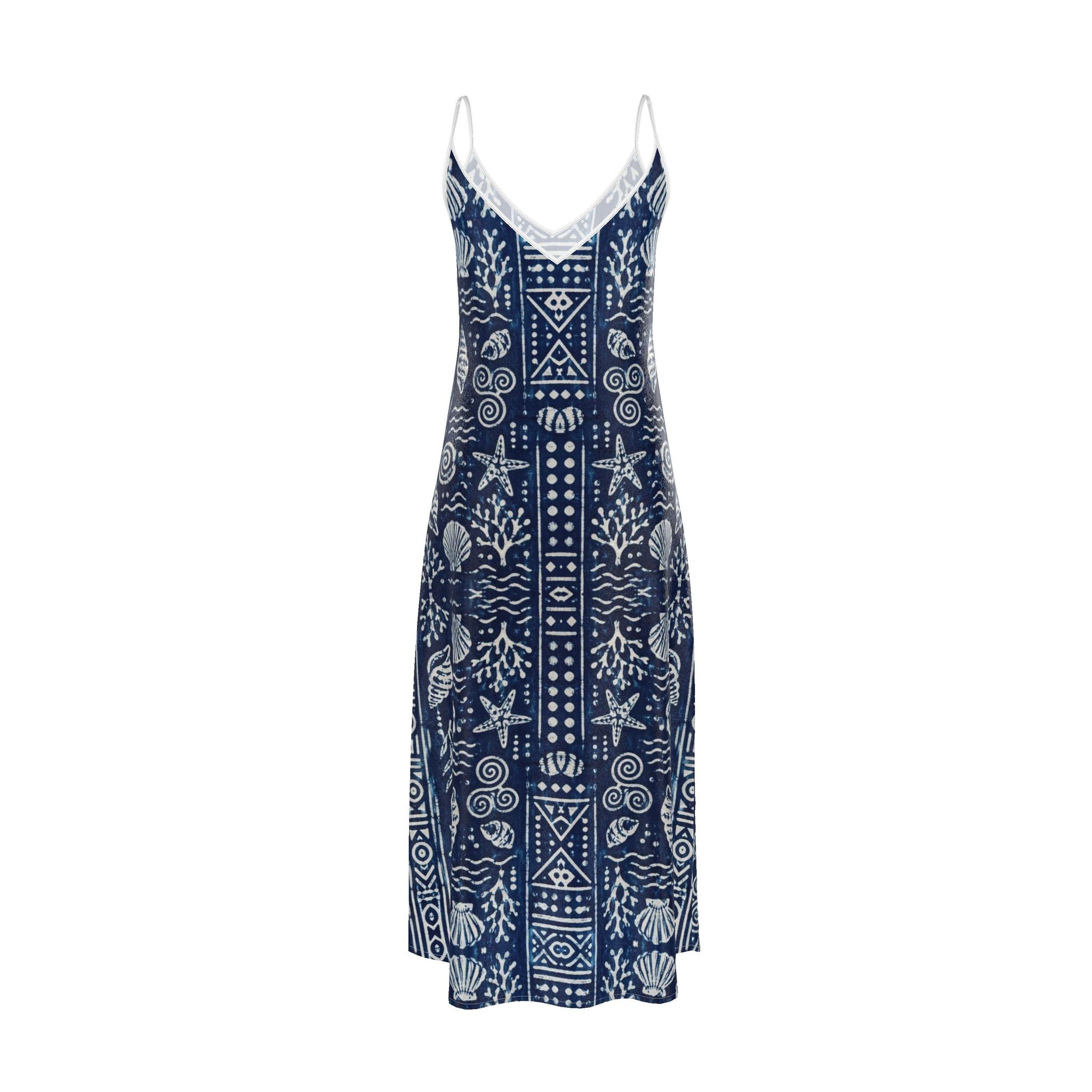 Suranu Navy Blue Pure Silk Printed Maxi Dress with V-Neck & Spaghetti Straps