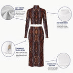 Snakeskin mesh Print Women's High Neck Skirt Set With Thumb Hole