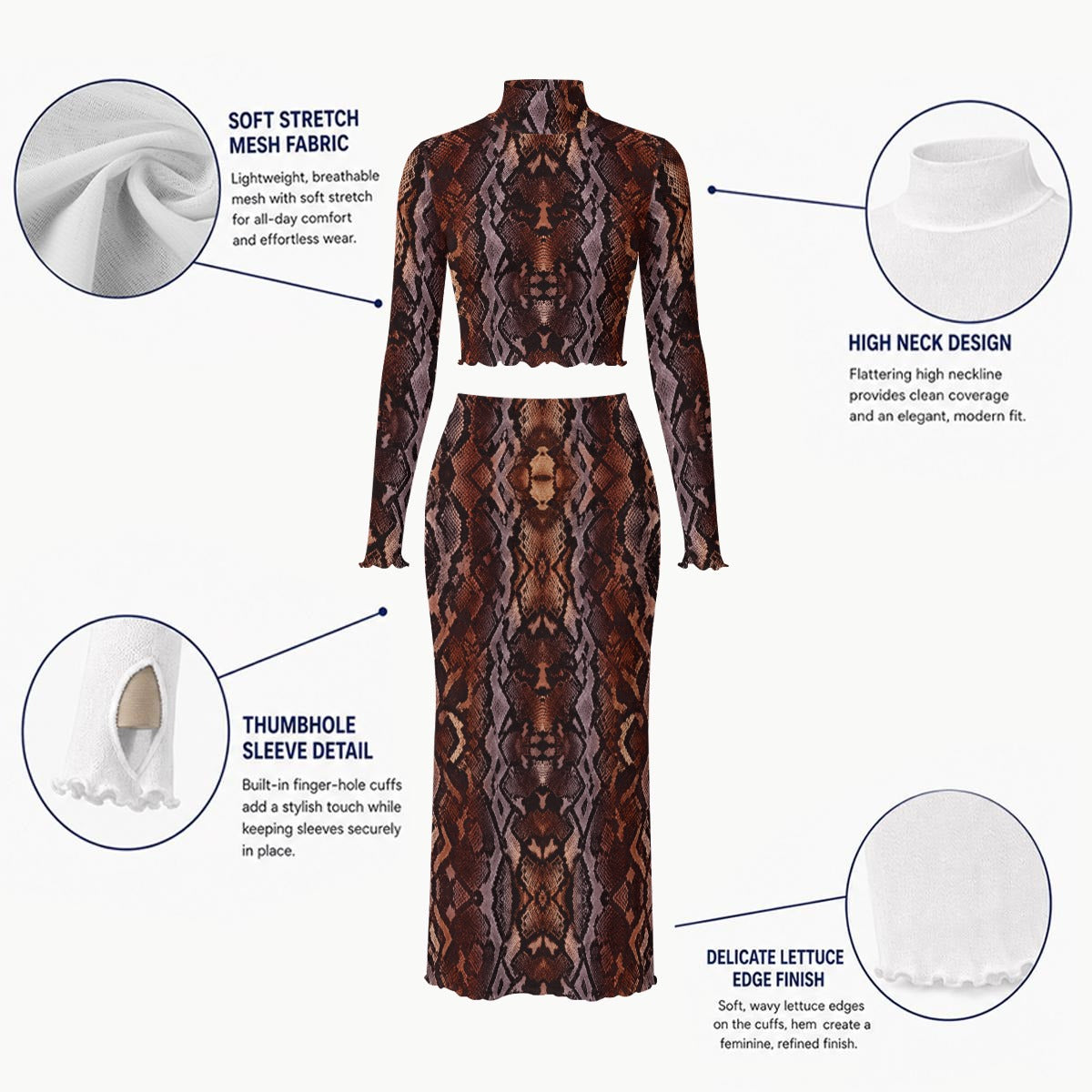 Snakeskin mesh Print Women's High Neck Skirt Set With Thumb Hole