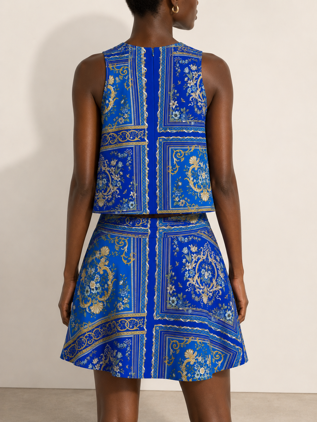 Blue Baroque Sleeveless Swing Skirt | Luxury Designer Printed Skirt | SURANU