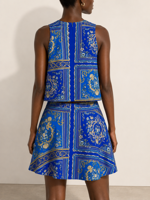 Blue Baroque Sleeveless Swing Skirt | Luxury Designer Printed Skirt | SURANU