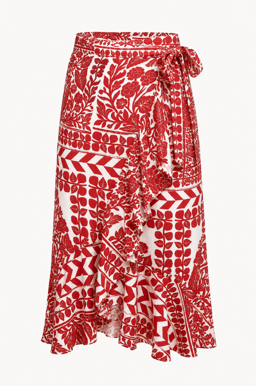 Valencia Botanical Wrap Midi Flounce Skirt
