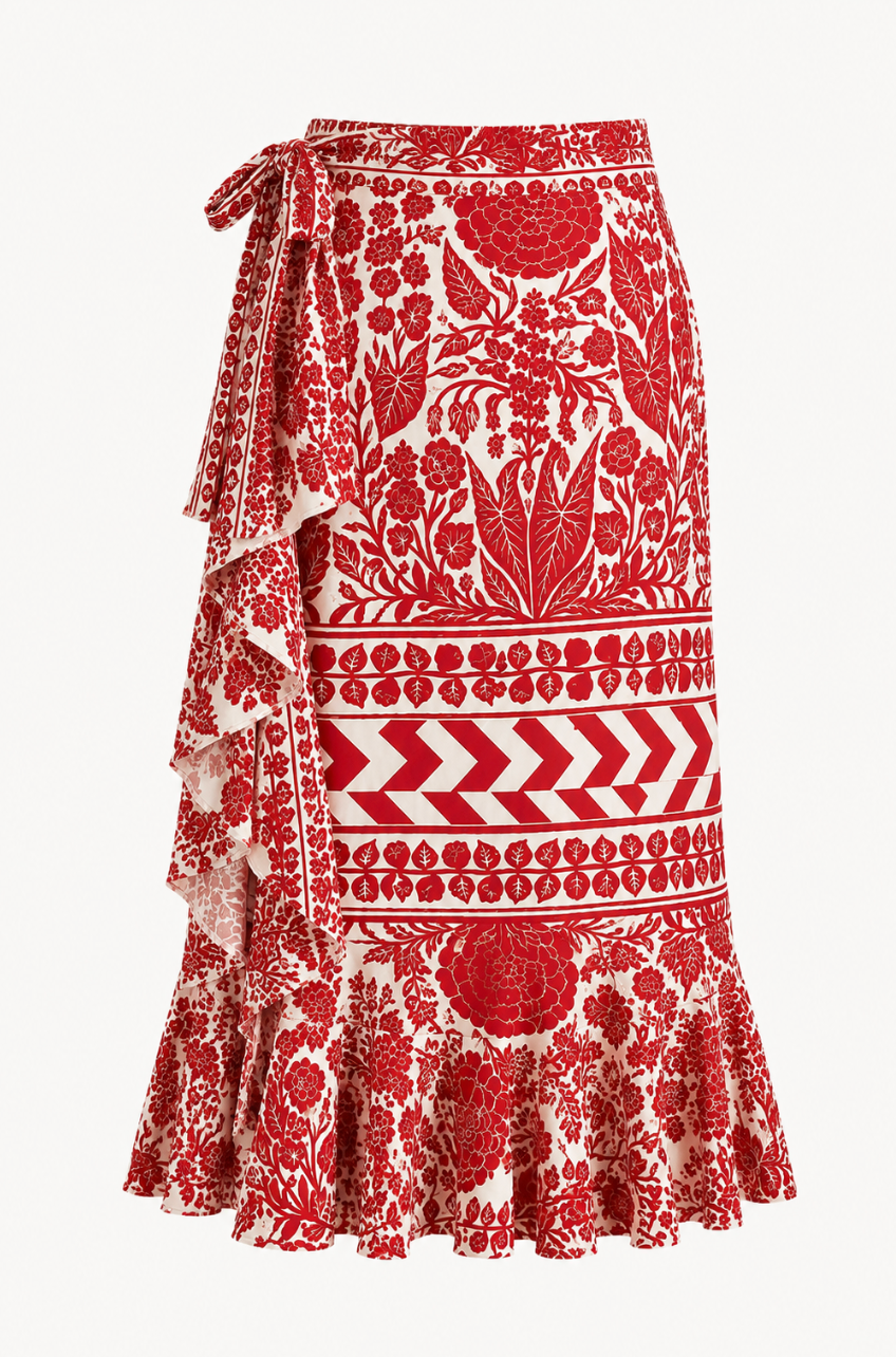 Valencia Botanical Wrap Midi Flounce Skirt