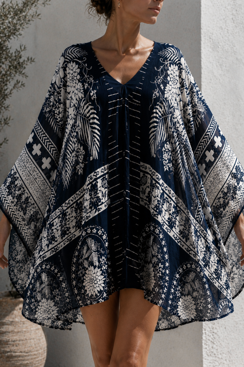 Midnight Botanical Silk Georgette Mini Kaftan