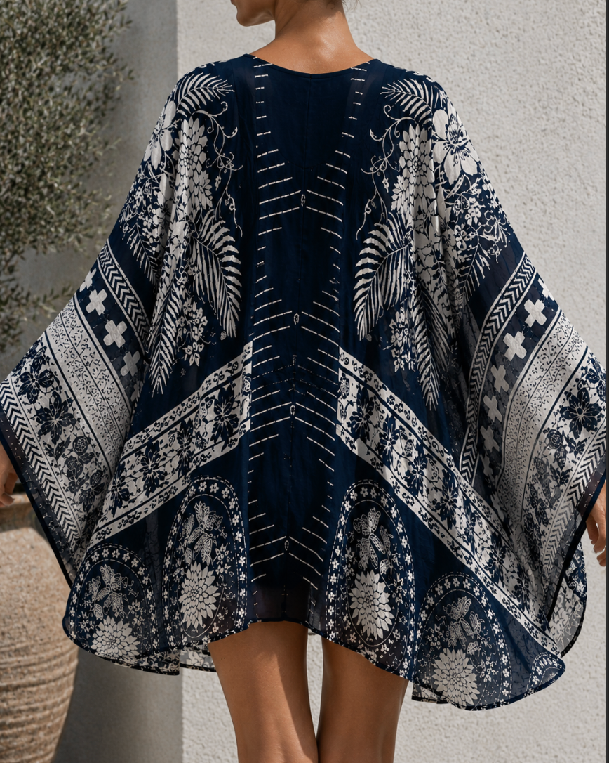 Midnight Botanical Silk Georgette Mini Kaftan