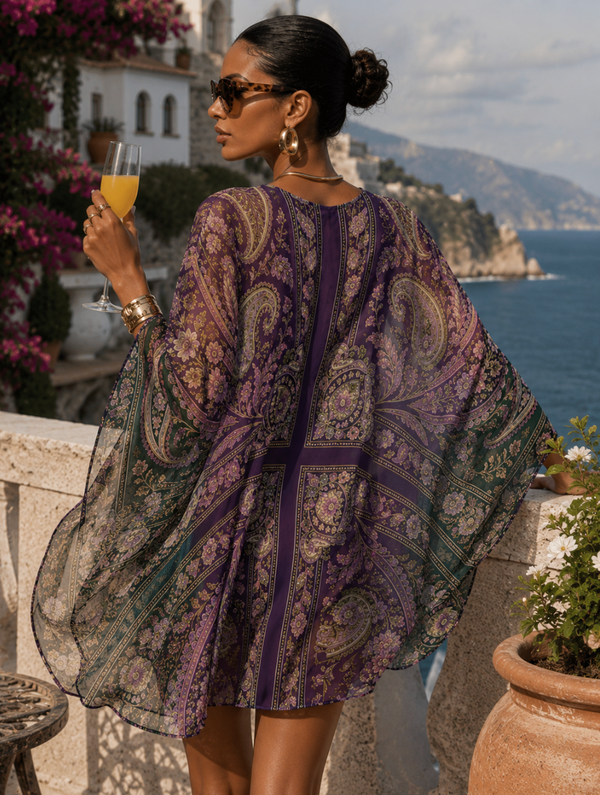 Luxury Silk Georgette Sheer Kaftan in Royal Purple Paisley
