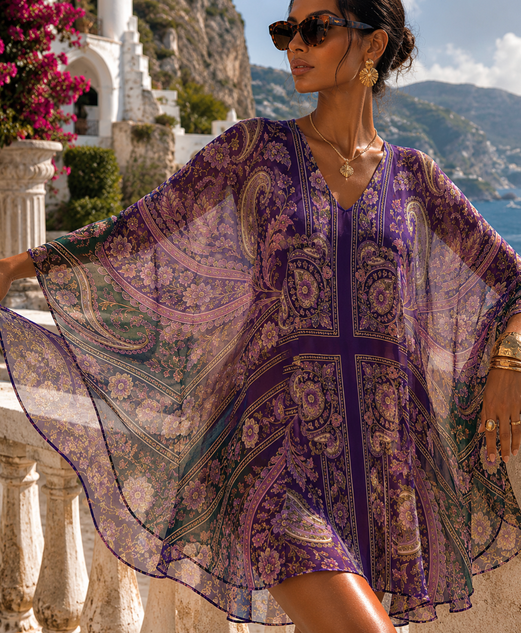 Luxury Silk Georgette Sheer Kaftan in Royal Purple Paisley