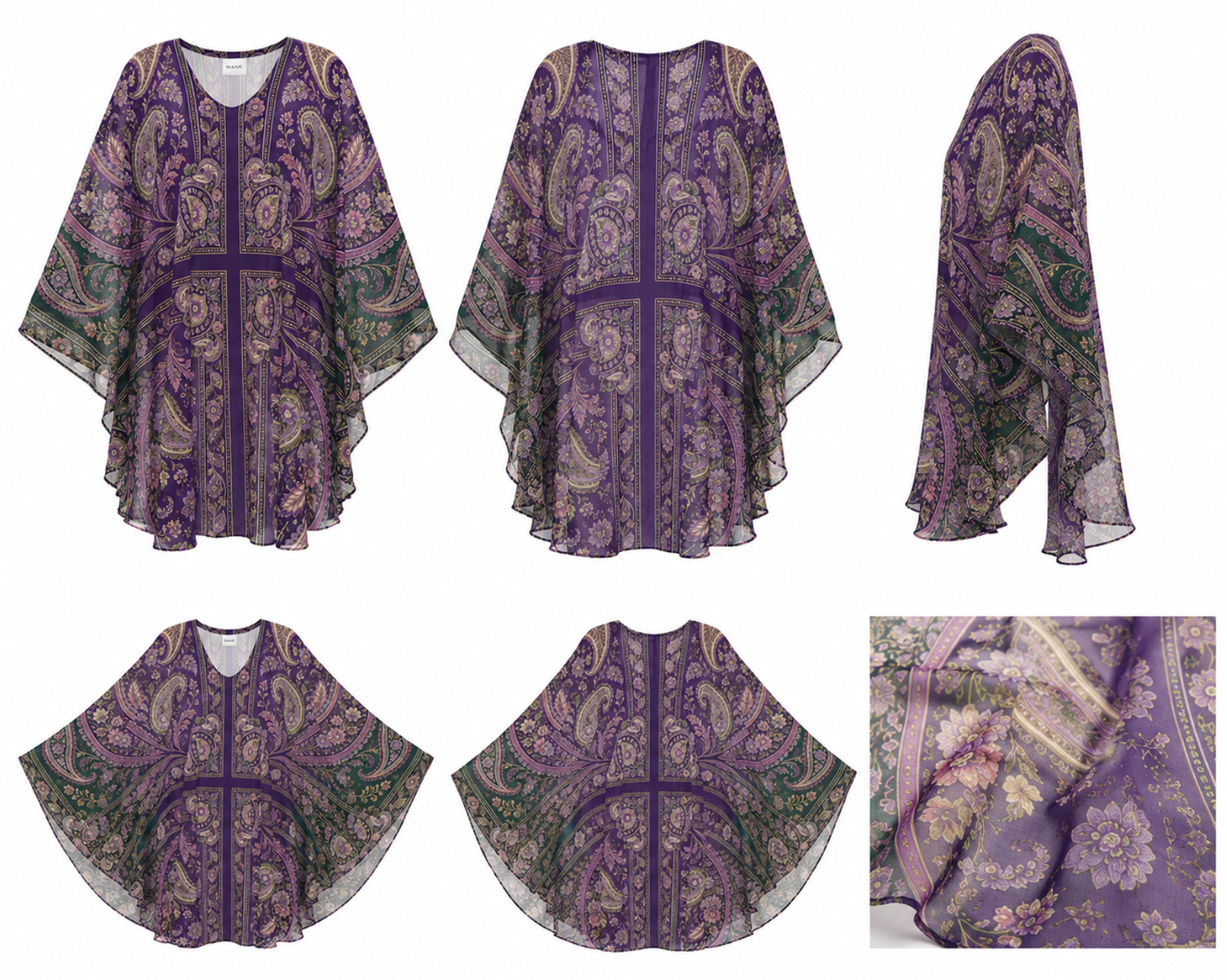 Luxury Silk Georgette Sheer Kaftan in Royal Purple Paisley