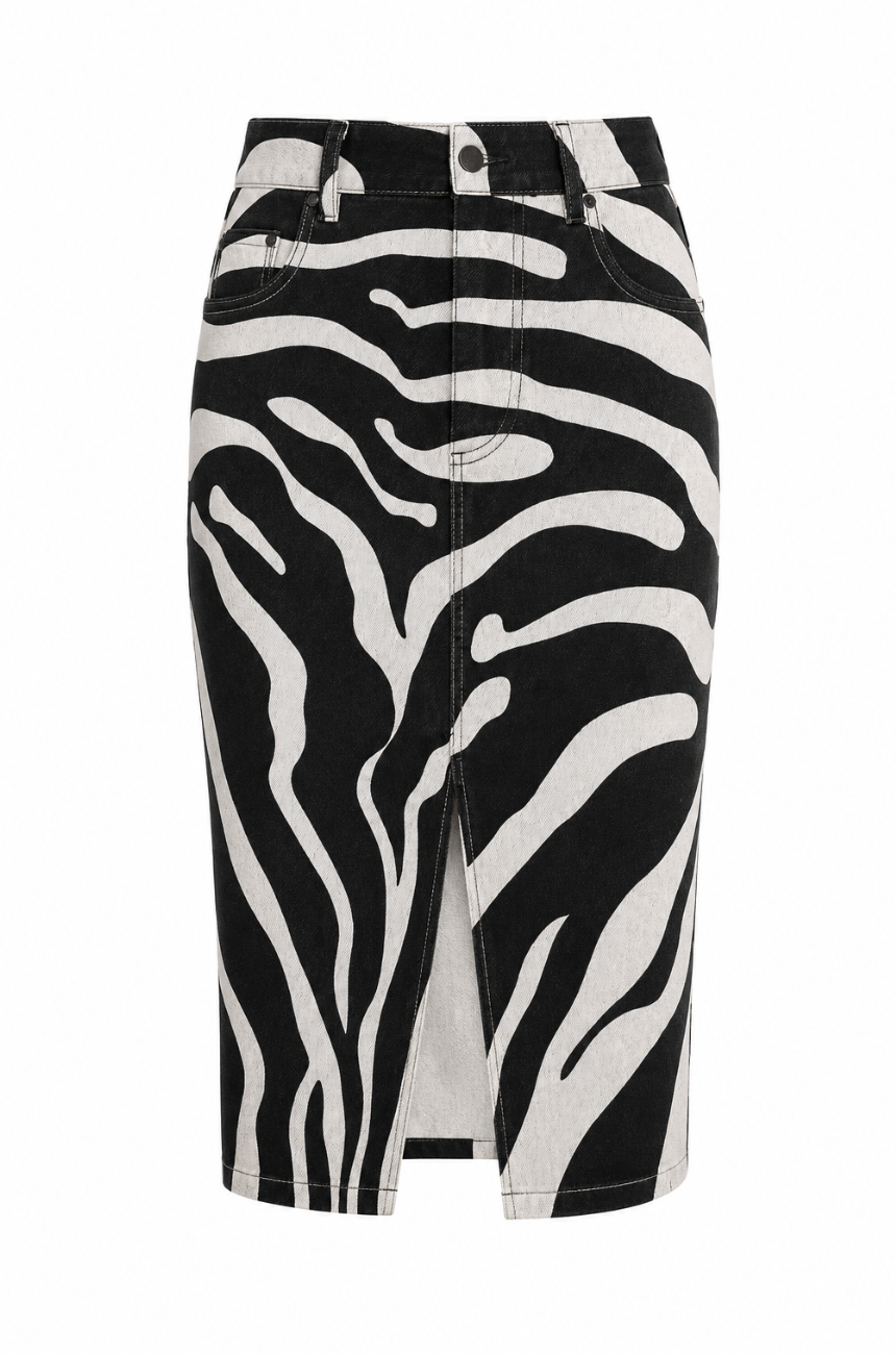 Zebra Print Denim Midi Skirt