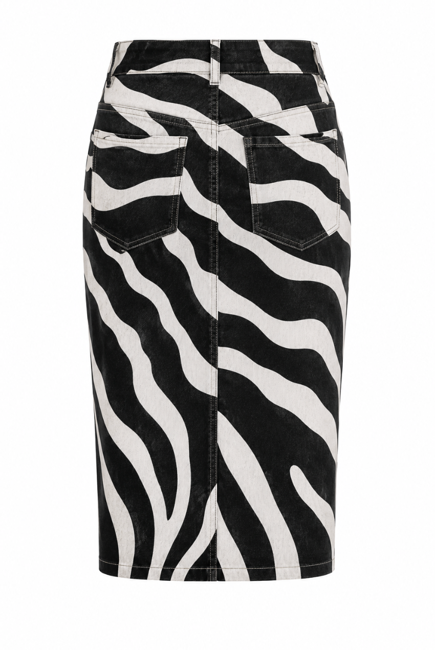 Zebra Print Denim Midi Skirt
