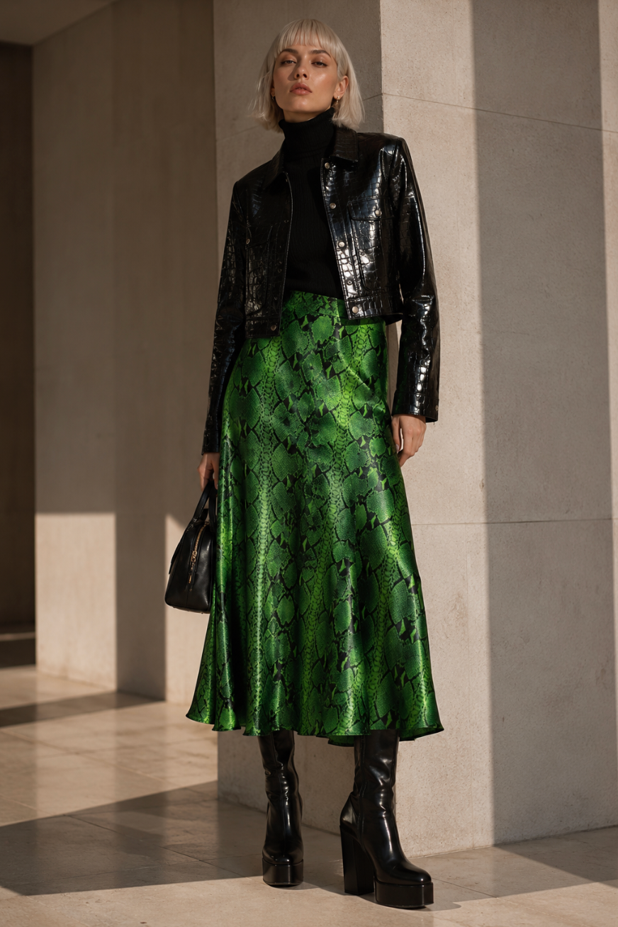 Emerald Python Silk Satin Midi Skirt