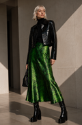 Emerald Python Silk Satin Midi Skirt