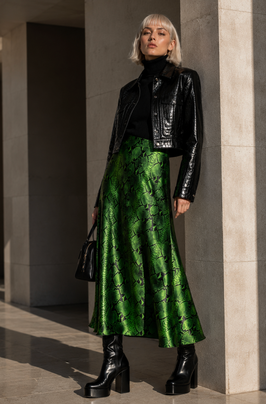 Emerald Python Silk Satin Midi Skirt