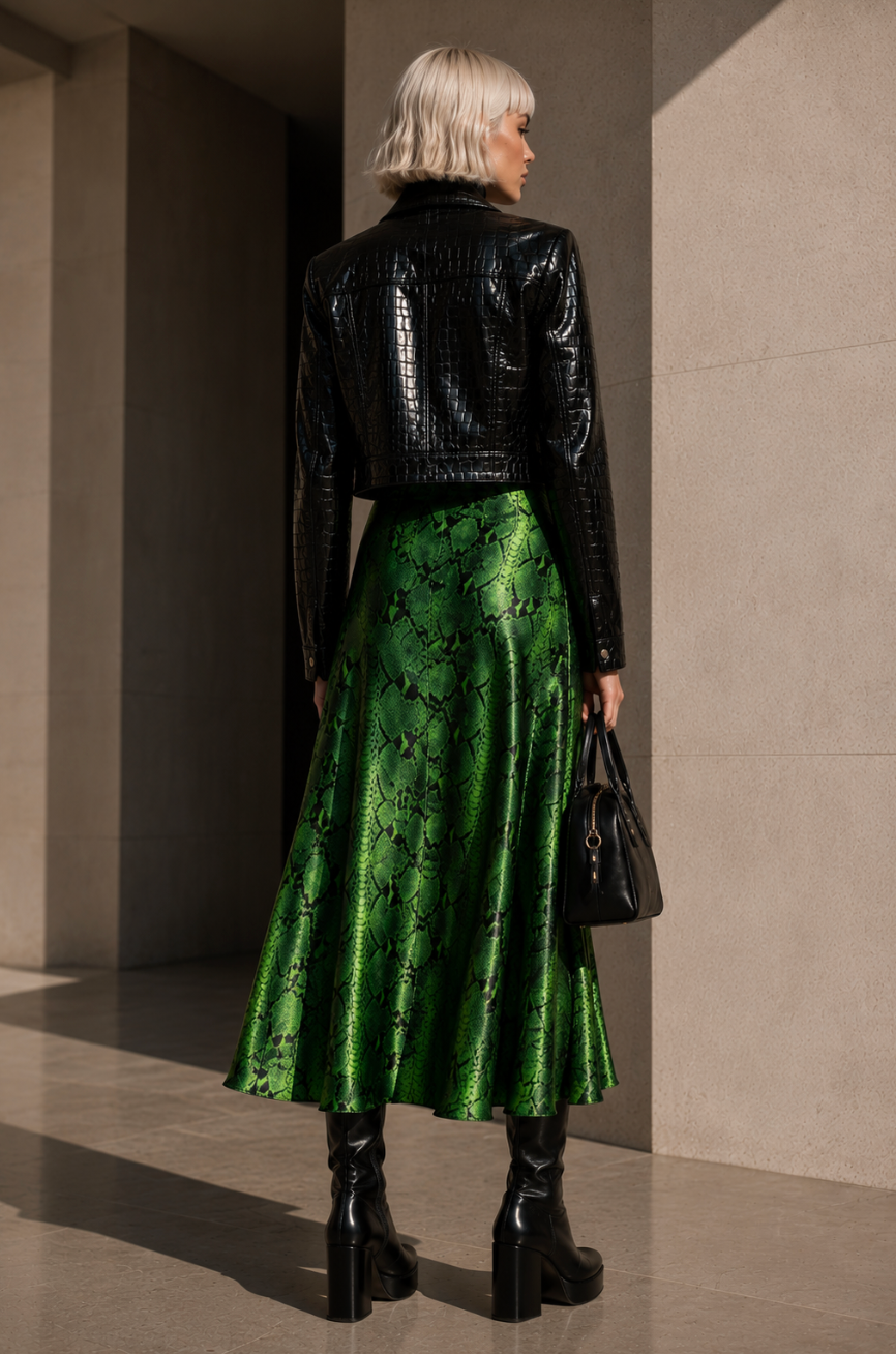 Emerald Python Silk Satin Midi Skirt