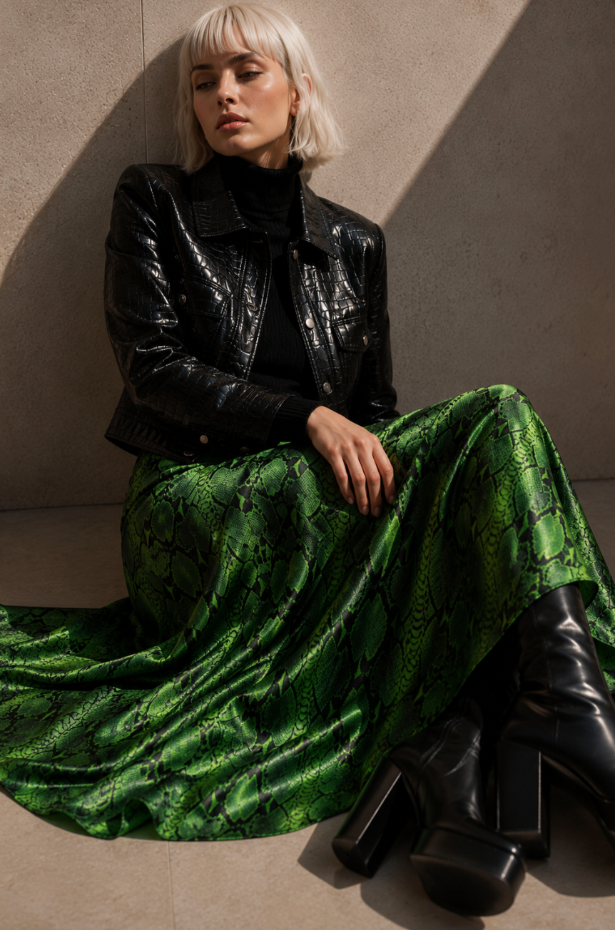 Emerald Python Silk Satin Midi Skirt