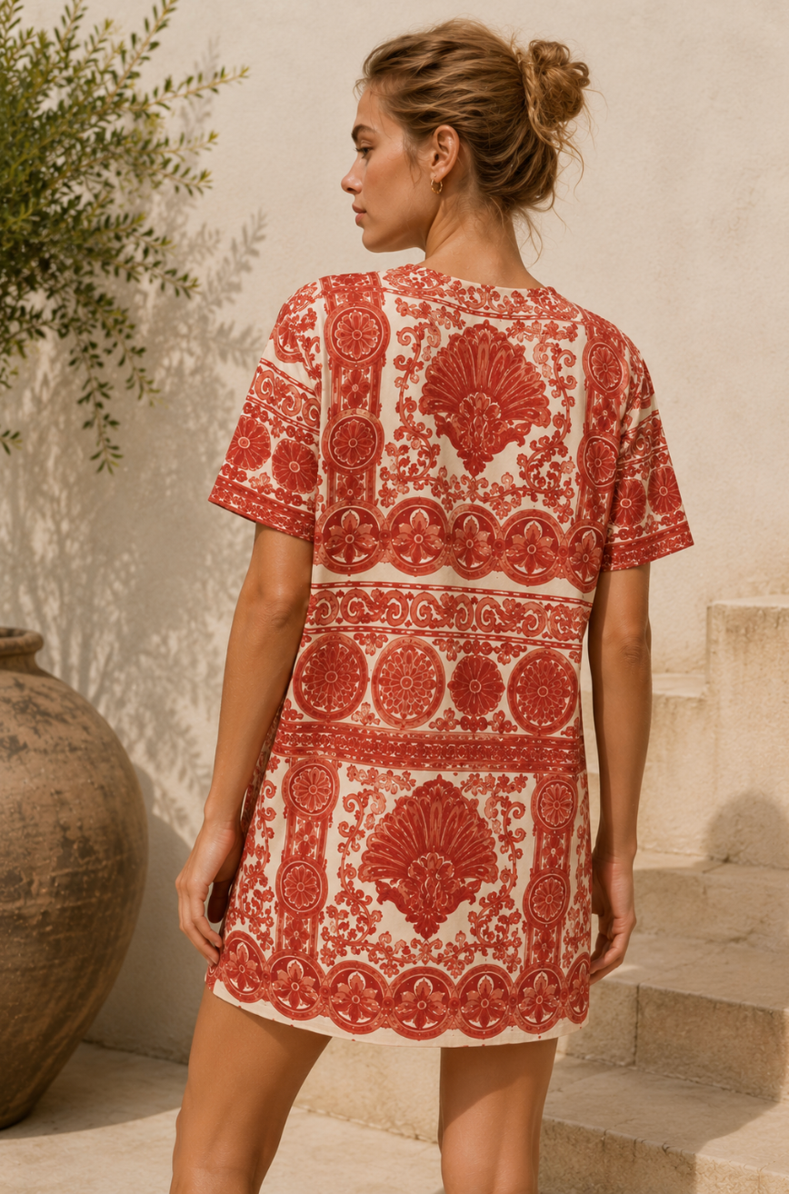 Ornate Print Cotton T-Shirt Dress