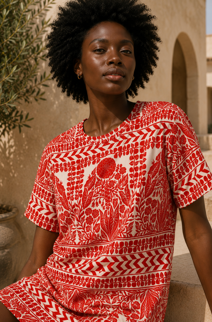 Red Botanical Cotton T-Shirt Dress