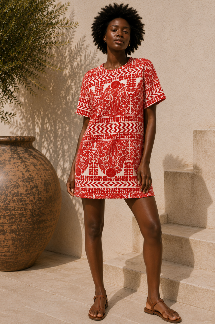 Red Botanical Cotton T-Shirt Dress
