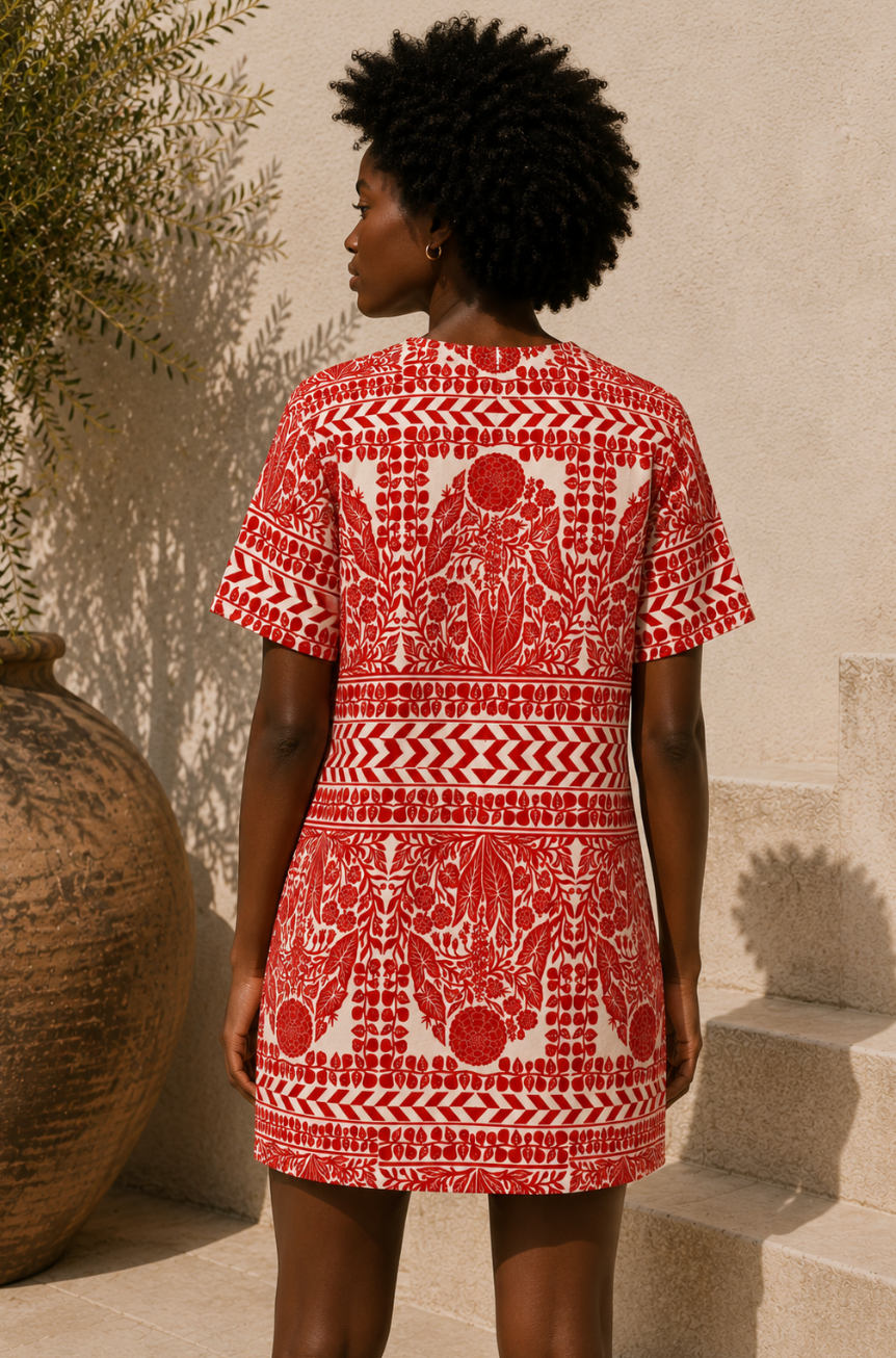 Red Botanical Cotton T-Shirt Dress