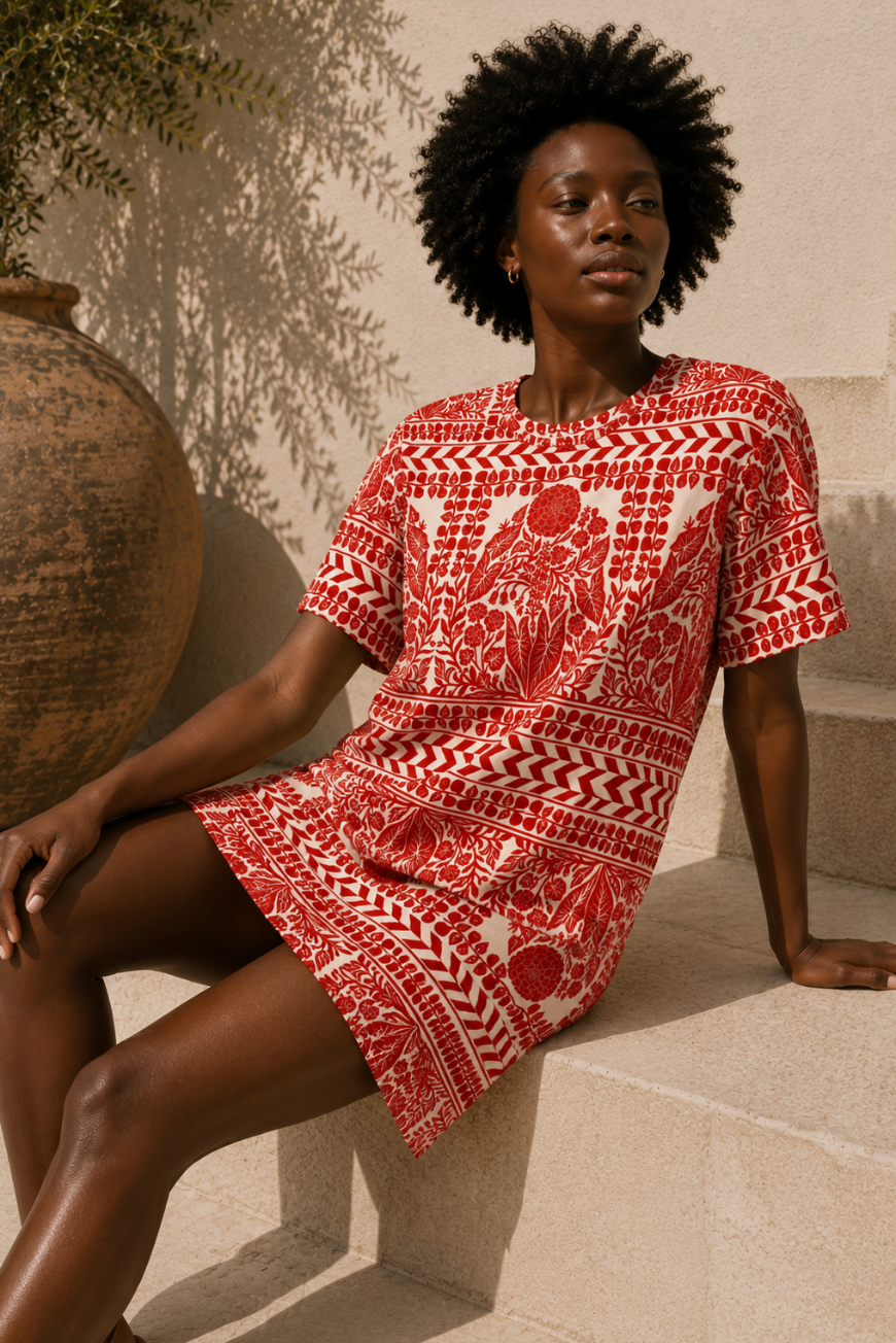 Red Botanical Cotton T-Shirt Dress