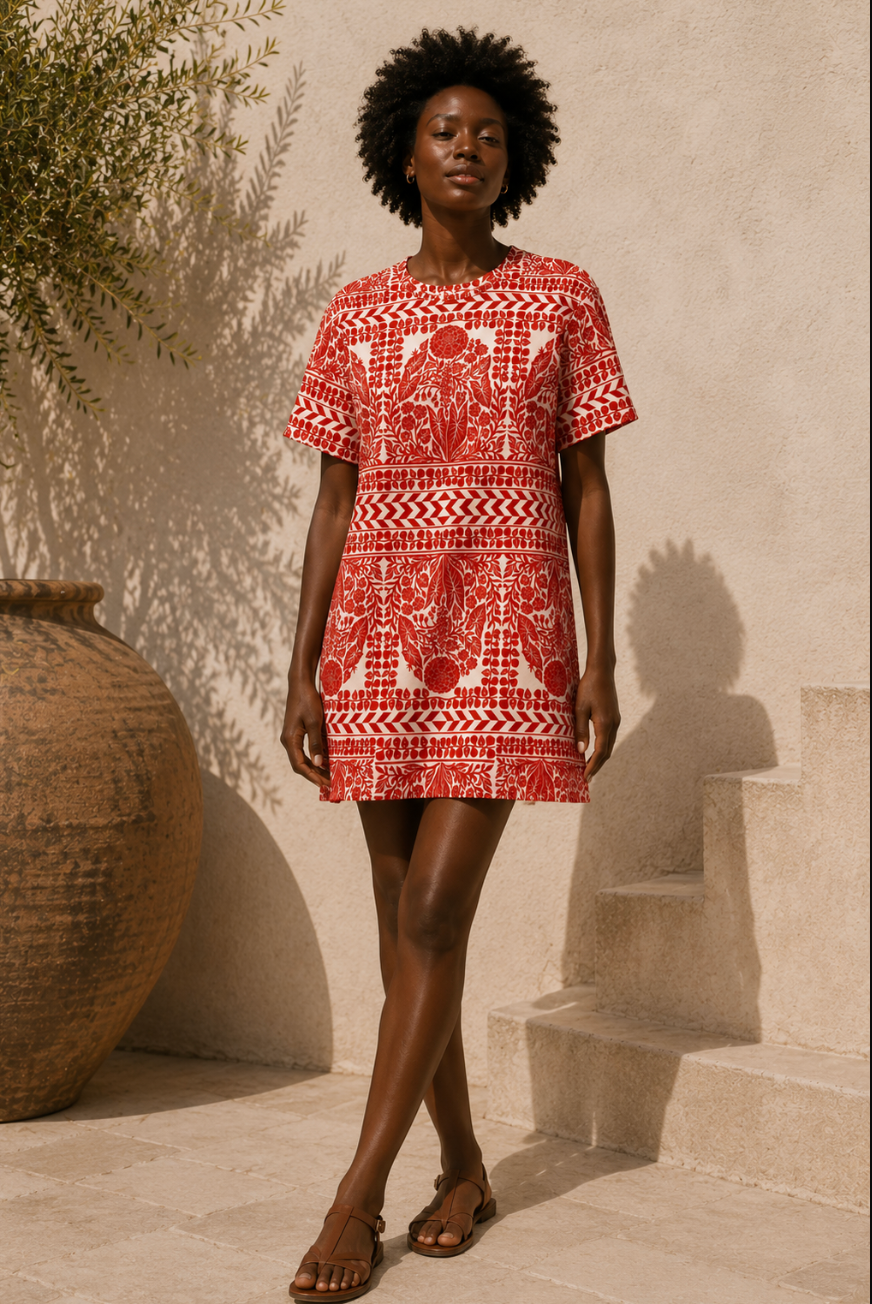 Red Botanical Cotton T-Shirt Dress