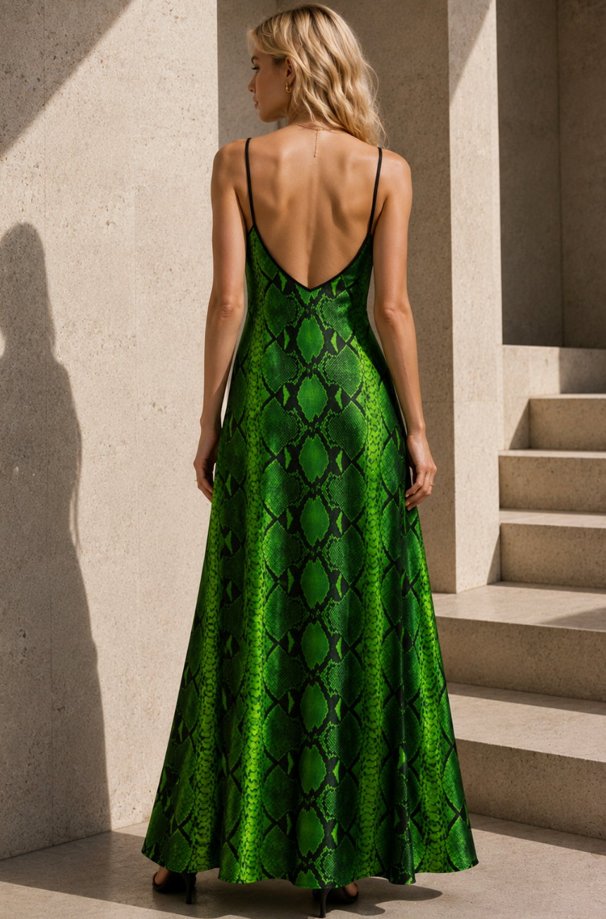 Emerald Python Silk Slip Dress