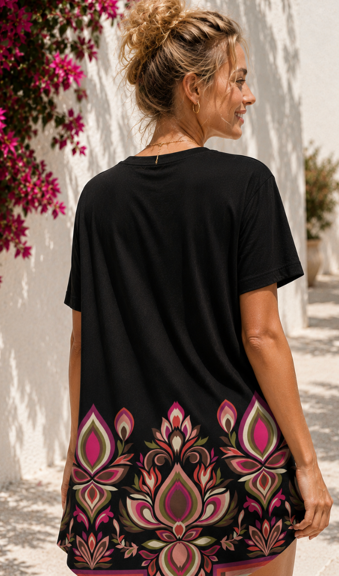Midnight Bloom Cotton T-Shirt Dress