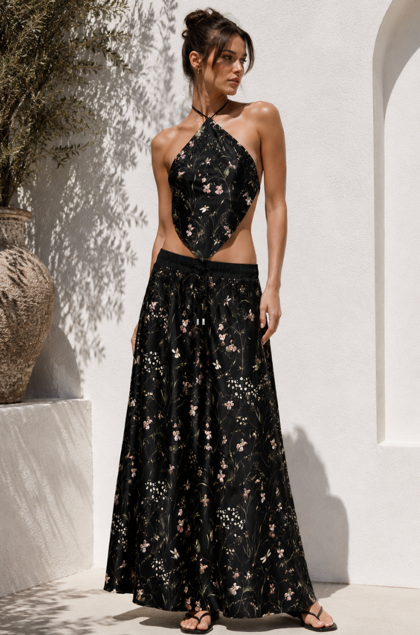 Wildflower Silk Satin Scarf Halter Top