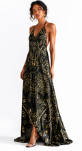 Halterneck Backless Silk Dress – Black & Gold Botanical Print