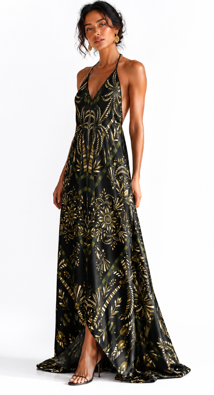 Halterneck Backless Silk Dress – Black & Gold Botanical Print