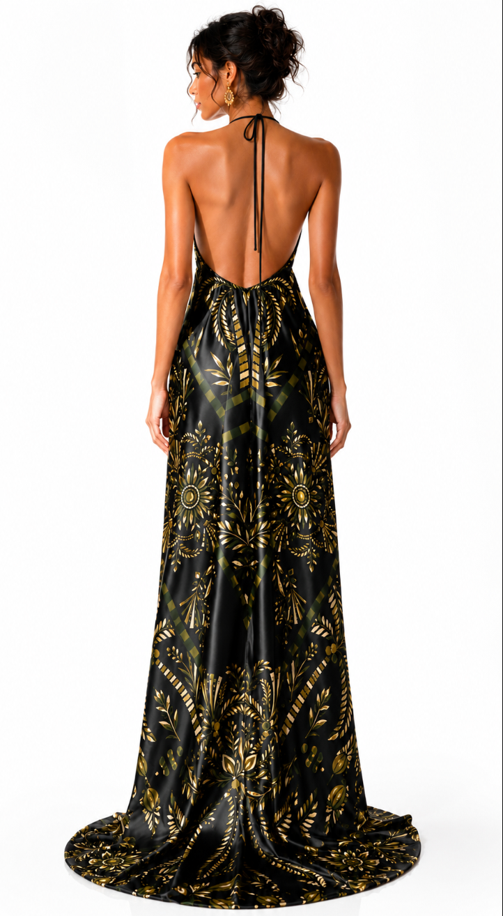 Halterneck Backless Silk Dress – Black & Gold Botanical Print