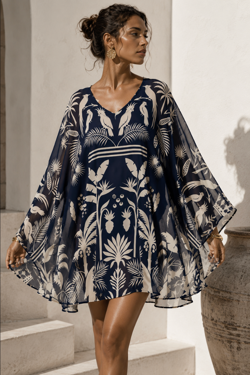 Navy Silk Georgette Kaftan with Tropical Print | Luxury Sheer Resortwear for Women