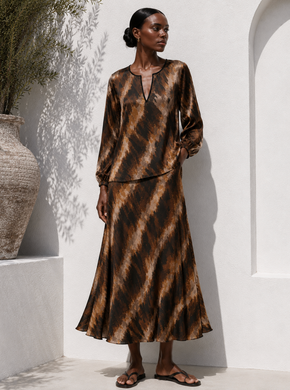 Pure Silk Satin Printed Blouse & Midi Bias Cut Skirt Set