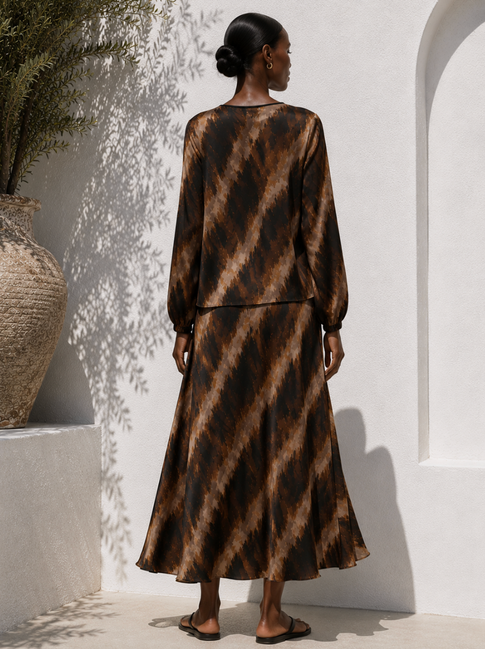 Pure Silk Satin Printed Blouse & Midi Bias Cut Skirt Set