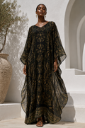 Black Green Gold Pure Silk Georgette Long U-Hem Kaftan | Luxury Resort Cover-Up | SURANU