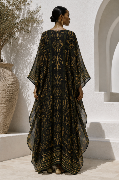 Black Green Gold Pure Silk Georgette Long U-Hem Kaftan | Luxury Resort Cover-Up | SURANU