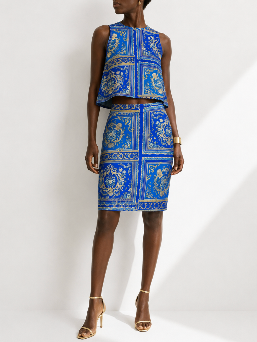 Blue Baroque Tile Pencil Skirt — Vintage Ornate Patterned Women's Skirt