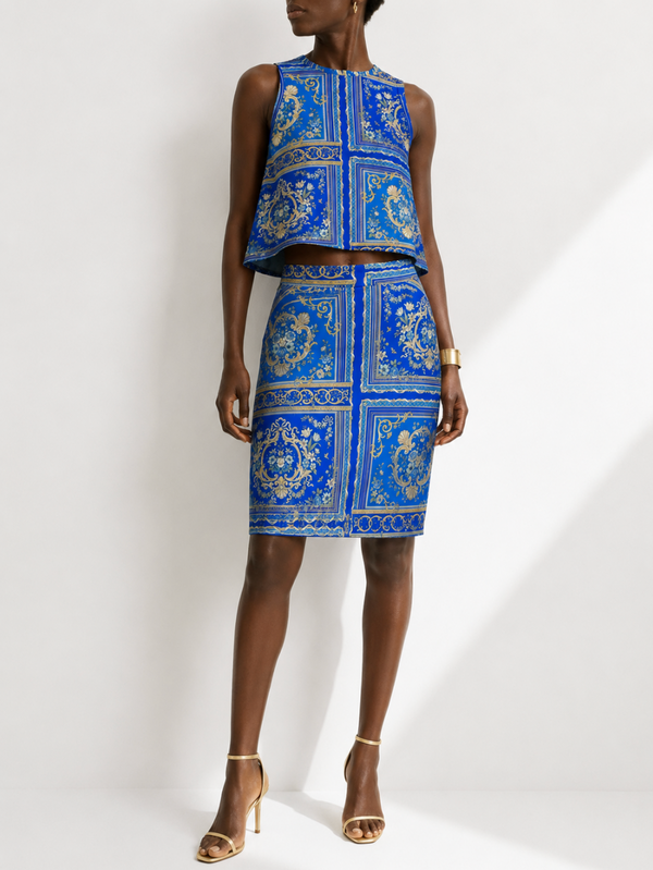 Blue Baroque Tile Pencil Skirt — Vintage Ornate Patterned Women's Skirt